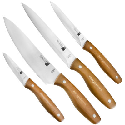 Cuchillo MAGEFESA mag Wood Acero Inoxidable, Mango ergonómico, fácil Limpieza, Mango de Madera con Doble Remache (Pack 4 Cuchillos)