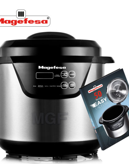 MAGEFESA Olla a presión eléctrica Easy Express, Acero Inoxidable, 500 W, Incluye Libro de cocinas con 50 Recetas, Recipiente extraíble Anti adherente, Apto para lavavajilla