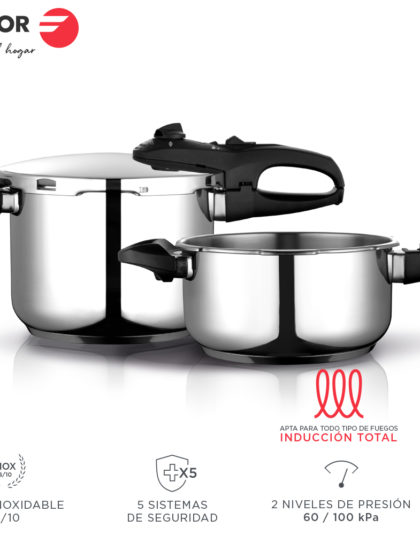 Fagor Duo Olla a presión Super rápida, Acero Inoxidable 18/10, Todo Tipo de cocinas, INDUCCION Total. Fondo termodifusor IMPAKSTEEL máxima Resistencia, 5 Sistemas Seguridad, 2 Niveles de presión