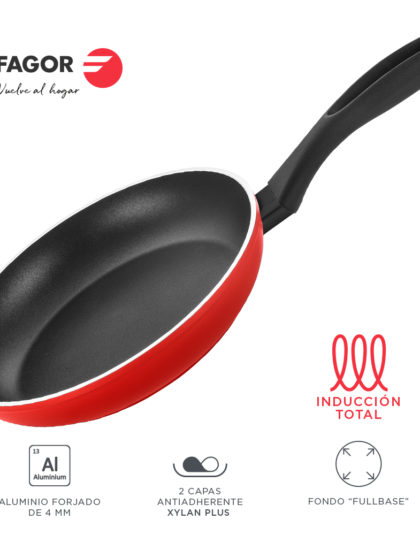 SARTEN FAGOR MAXIMA. Sartén antiadherente doble capa, aluminio forjado de 4mm espesor, compatible con toda clase cocina, inducción, fondo difusor de acero inoxidable. Apta lavavajillas