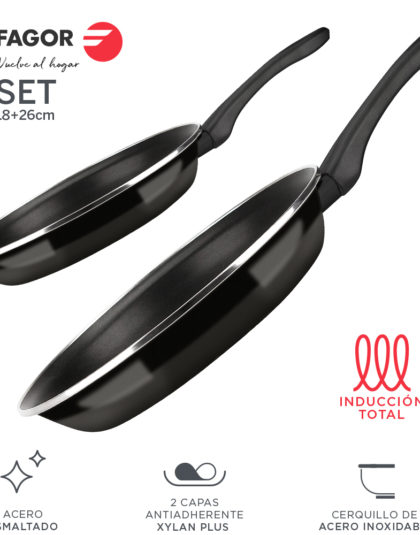 SARTEN FAGOR OPTIMAX. Sartén antiadherente doble capa, acero esmaltado de 1,5mm de espesor, compatible con todo tipo cocina, inducción, cerquillo de acero inoxidable. Apta lavavajillas