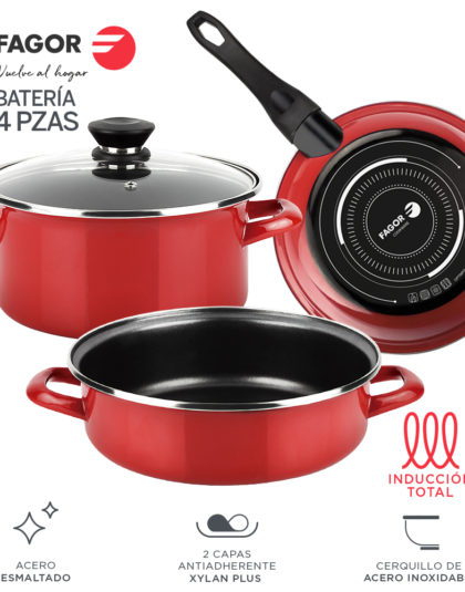 Fagor BATERIA OPTIMAX. batería Antiadherente Doble Capa, Acero esmaltado de 1,5mm de Espesor, Compatible con Toda Clase Cocina, inducción, cerquillo de Acero. Apta lavavajillas (BATERIA, 4 Piezas)