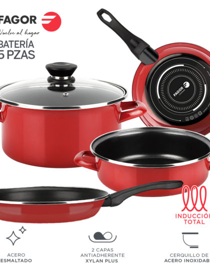 Fagor BATERIA OPTIMAX. batería Antiadherente Doble Capa, Acero esmaltado de 1,5mm de Espesor, Compatible con Toda Clase Cocina, inducción, cerquillo de Acero. Apta lavavajillas (BATERIA, 5 Piezas)