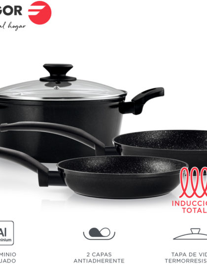 Fagor BATERIA Vivant. Batería 4 Piezas Antiadherente Doble Capa, Aluminio Forjado de 3 mm Espesor, Compatible con Toda Clase Cocina, inducción, Fondo difusor de Acero Inoxidable. Apta lavavajillas