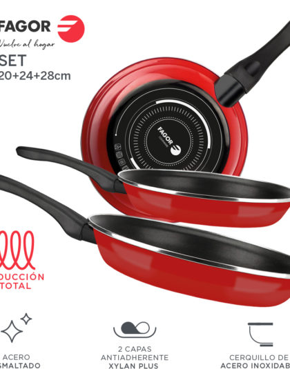 Fagor SARTEN OPTIMAX. Sartén Antiadherente Doble Capa, Acero esmaltado de 1,5mm de Espesor, Compatible con cocinas inducción, cerquillo de Acero Inoxidable. Apta lavavajillas (SARTEN ROJA, 20+24+28)