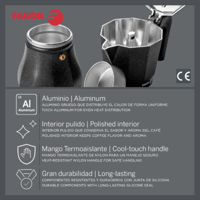 Fagor Tiramisu - Cafetera Italiana de Aluminio Extra-Grueso, NO APTA PARA INDUCCIÓN, Pomo y Mangos Ergonómicos con Toque Frío, Café, Moka - Imagen 2