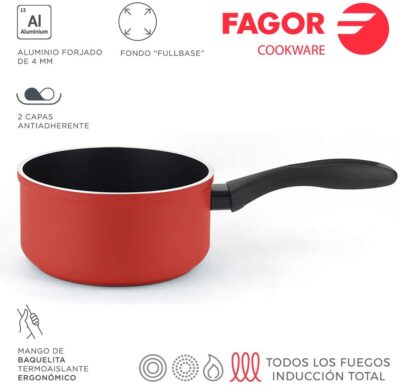 CAZO FAGOR MÁXIMA. Cazo antiadherente doble capa XYLAN PLUS, acero inoxidable magnético, compatible con todo tipo de cocinas, INDUCCIÓN. Apta para lavavajillas. Mango de baquelita (CAZO ROJO, 16 cm)