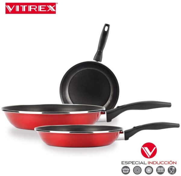 VITREX SARTEN Marseille. SartÁ©n Antiadherente Doble Capa, Acero vitrificado, Compatible con Todo Tipo de Fuego, Incluido inducción. Apta lavavajillas. Mango ergonómico (SARTEN, 20 + 24 + 28)