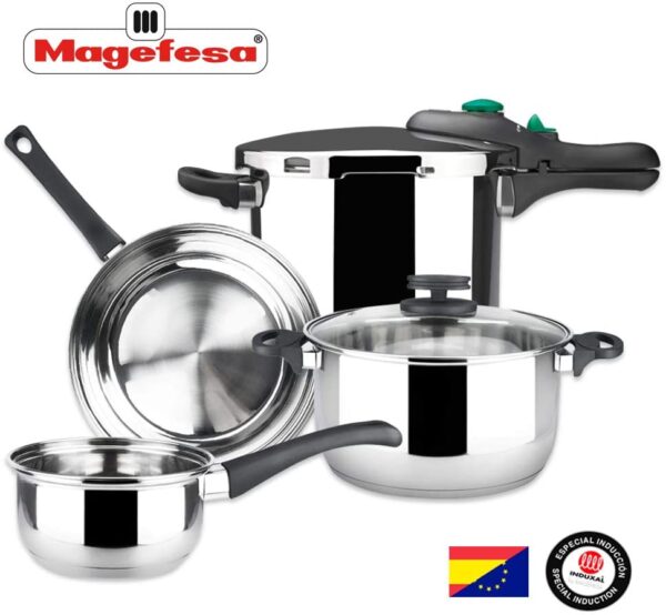 MAGEFESA â€“ BaterÁ­a de Cocina MAGEFESA Style 4 Piezas + Olla presión Dynamic 5L Fabricada en Acero Inoxidable. Fácil Limpieza y Apta lavavajillas. Asas de bakelita. Apta INDUCCIÁ“N
