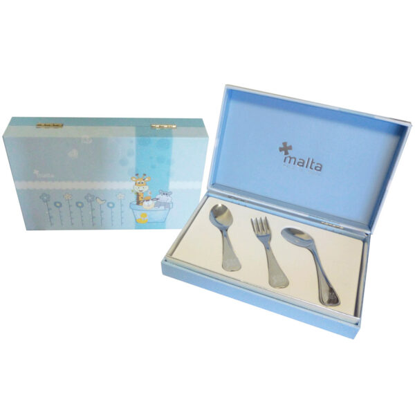 CRUZ DE MALTA Girafa - Set de 3 cubiertos para bebe azul, fabricado en acero inoxidable 18/10, perfecto para regalo