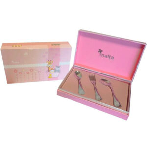 CRUZ DE MALTA Girafa - Set de 3 cubiertos para bebe rosa/azul, fabricado en acero inoxidable 18/10, perfecto para regalo, apto para lavavajillas, incluye cuchara, tenedor, cuchara para papilla y estuche