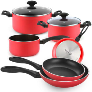 FAGOR Máxima – BaterÁa de cocina 8 piezas roja, incluye dos ollas con tapa, un cazo, y 3 sartenes, antiadherente doble capa XYLAN PLUS