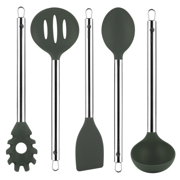 5 piezas FAGOR MELIER Cazo, Cucharón, Espátula, Espumadera y Cuchara de pasta, pincel y batidor, fabricados en acero inoxidable de alta calidad