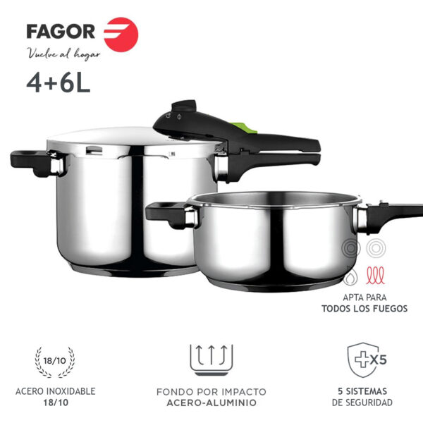 Olla a presión FAGOR RAPID XPRESS SÁºper rápida, Acero Inoxidable, Todo Tipo de cocinas, INDUCCION Fondo termo difusor IMPAKSTEEL Muy Resistente, 5 Sistemas de Seguridad, 2 Niveles de presión (4+6L)