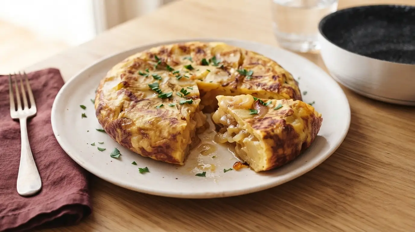 Tortilla de patatas española perfecta recién hecha