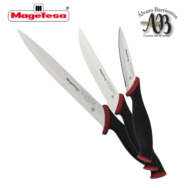 Cuchillos de cocina MAGEFESA ALVARO BARRIENTOS, Set 3 cuchillos PELADOR, UNIVERSAL, TRINCHADOR, Acero inoxidable de alta calidad, con mangos antideslizantes de fácil manejo.