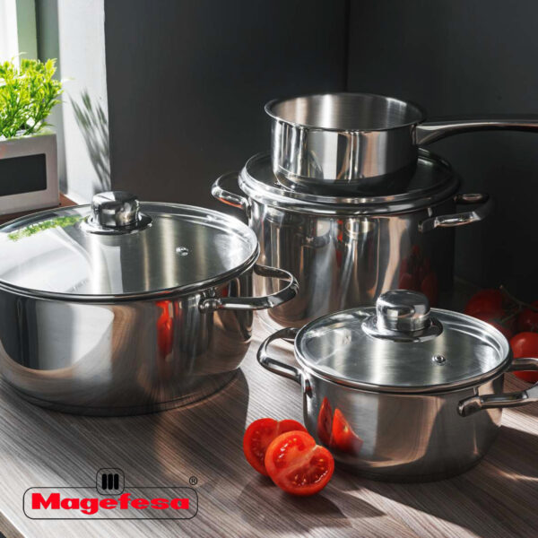MAGEFESA DUX â€“ BaterÁ­a de cocina MAGEFESA DUX 7 piezas está Fabricada en Acero Inoxidable 18/10, Compatible con Todo Tipo de Fuego. Fácil Limpieza y Apta lavavajillas.