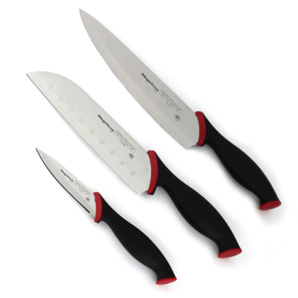 Cuchillos de cocina MAGEFESA ALVARO BARRIENTOS, Set 3 cuchillos PELADOR, SANTOKU, CHEF, Acero inoxidable de alta calidad, con mangos antideslizantes de fácil manejo.