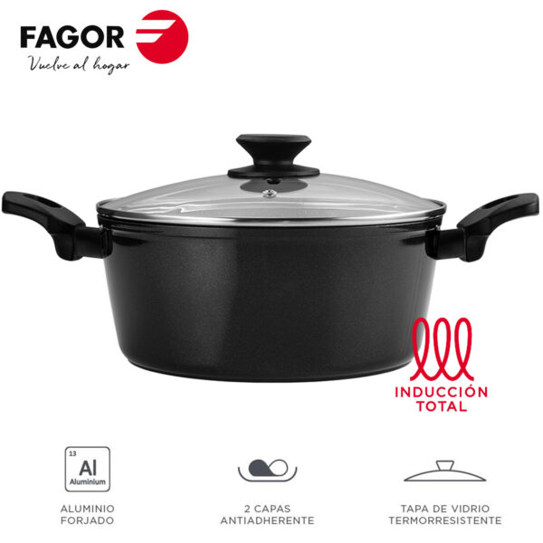 Olla Fagor Vivant con Antiadherente Doble Capa, Aluminio Forjado de 3 mm Espesor, Compatible con Toda tipo de Cocina, inducción, Fondo difusor de Acero Inoxidable. Apta lavavajillas
