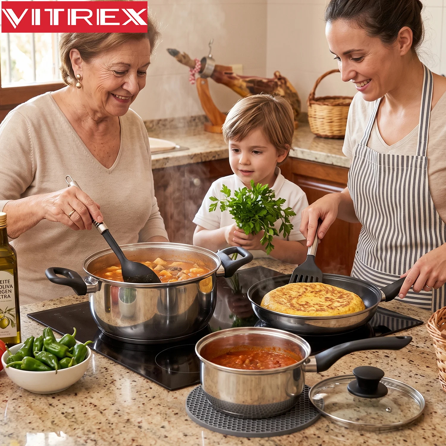 Una familia disfrutando de una comida mientras utilizan la batería de cocina.