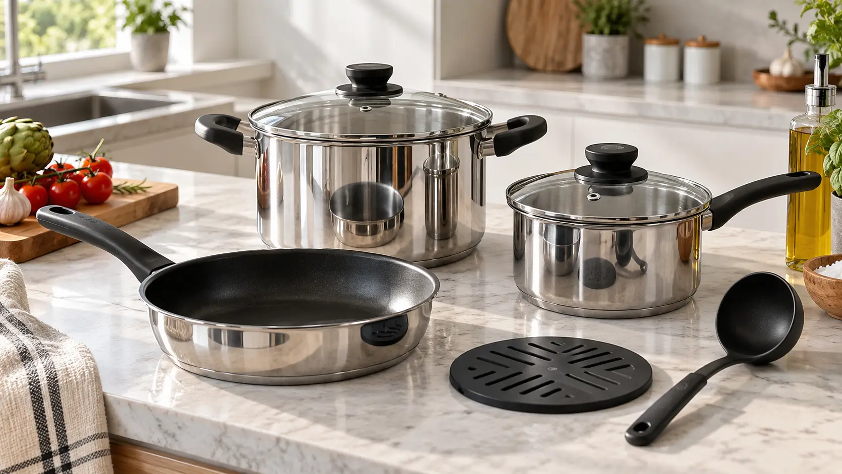 Batería de cocina de acero inoxidable - varias opciones en una cocina moderna