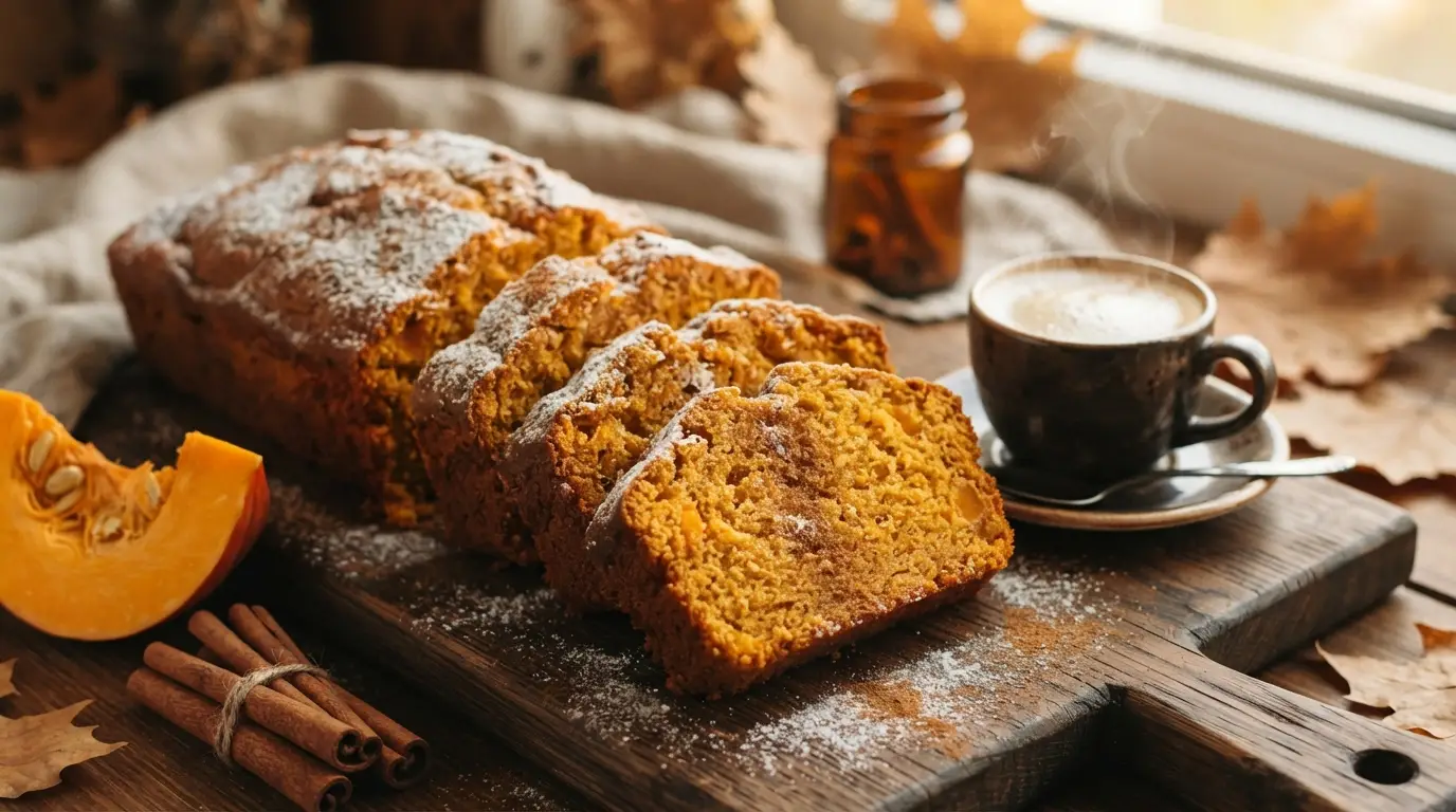 Bizcocho de calabaza en rodajas decorado con azúcar glas y canela para un postre de Halloween