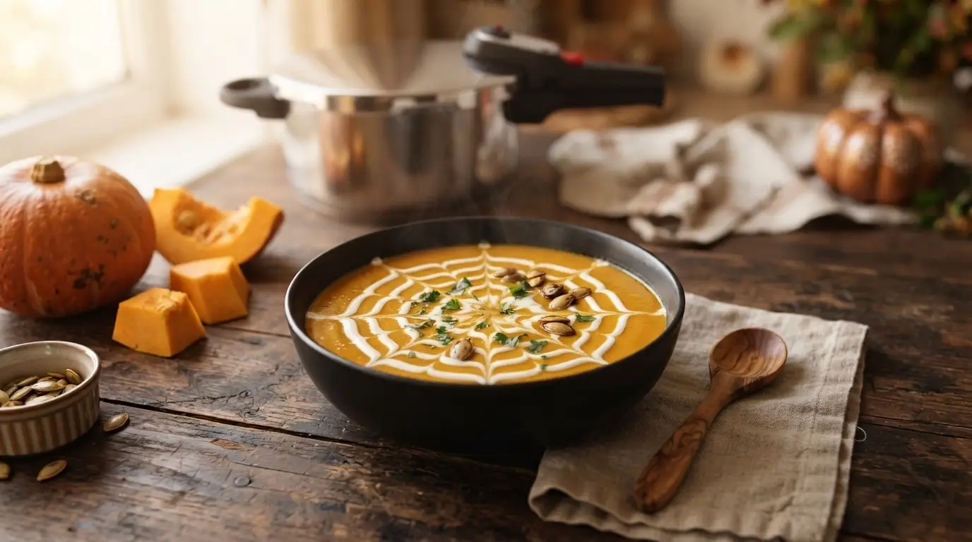 Crema de calabaza con tela de araña de nata, entre las recetas de Halloween fáciles