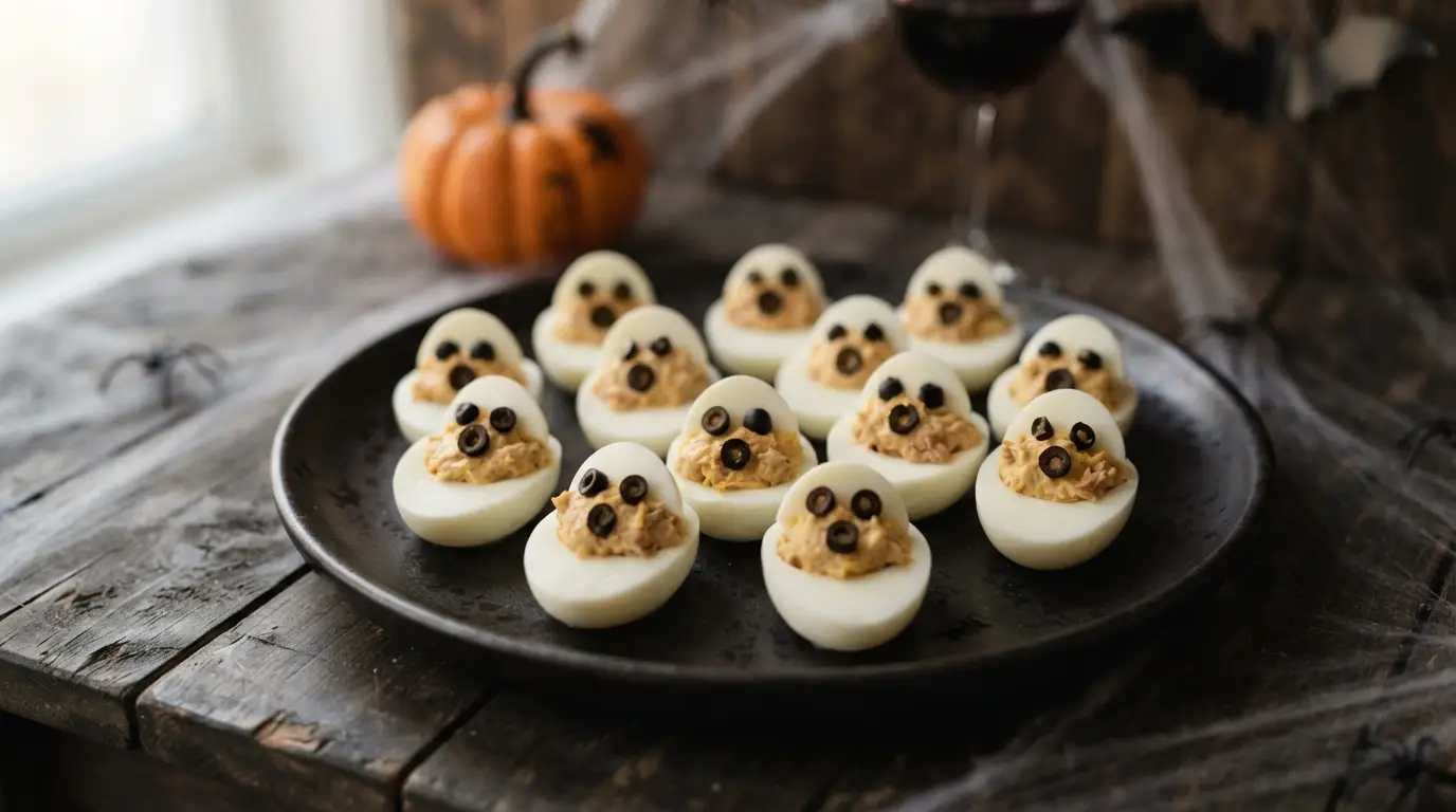 Huevos rellenos fantasma con aceitunas negras, una de las recetas de Halloween fáciles para picar
