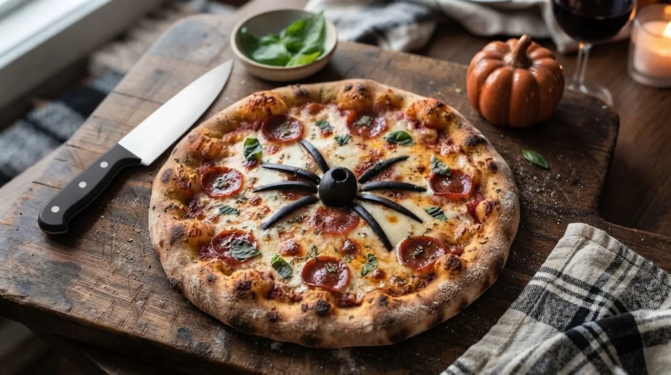 Pizza casera decorada con una araña hecha con aceitunas negras para una cena de Halloween
