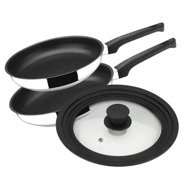 MAGEFESA Sabor - Set de sartenes de 18 y 22 cm de diametro con tapa mutimedida de 20 - 22 - 24 cm, con antiadherente triple capa, acero inoxidable, compatible con INDUCCIÁ“N, aptas para lavavajillas